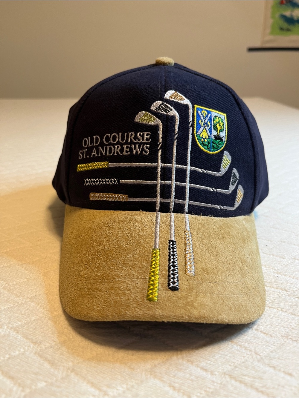 Old Course St Andrew’s Scotland Navy and Tan suede Golf Cap, osfm, adjustable